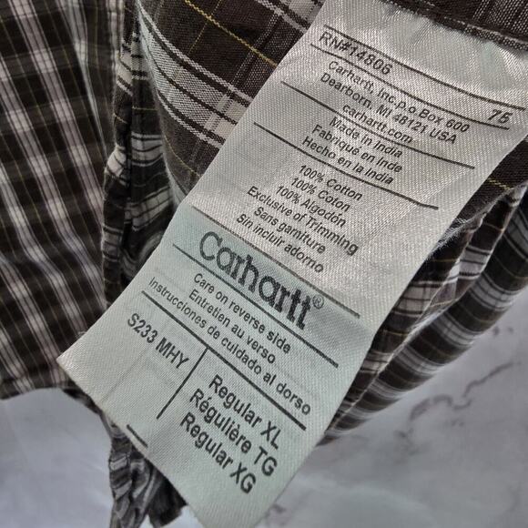 Carhartt Shirt Mens XL Brown White Short Sleeve Button Up Plaid Collared Cotton - Picture 9 of 11